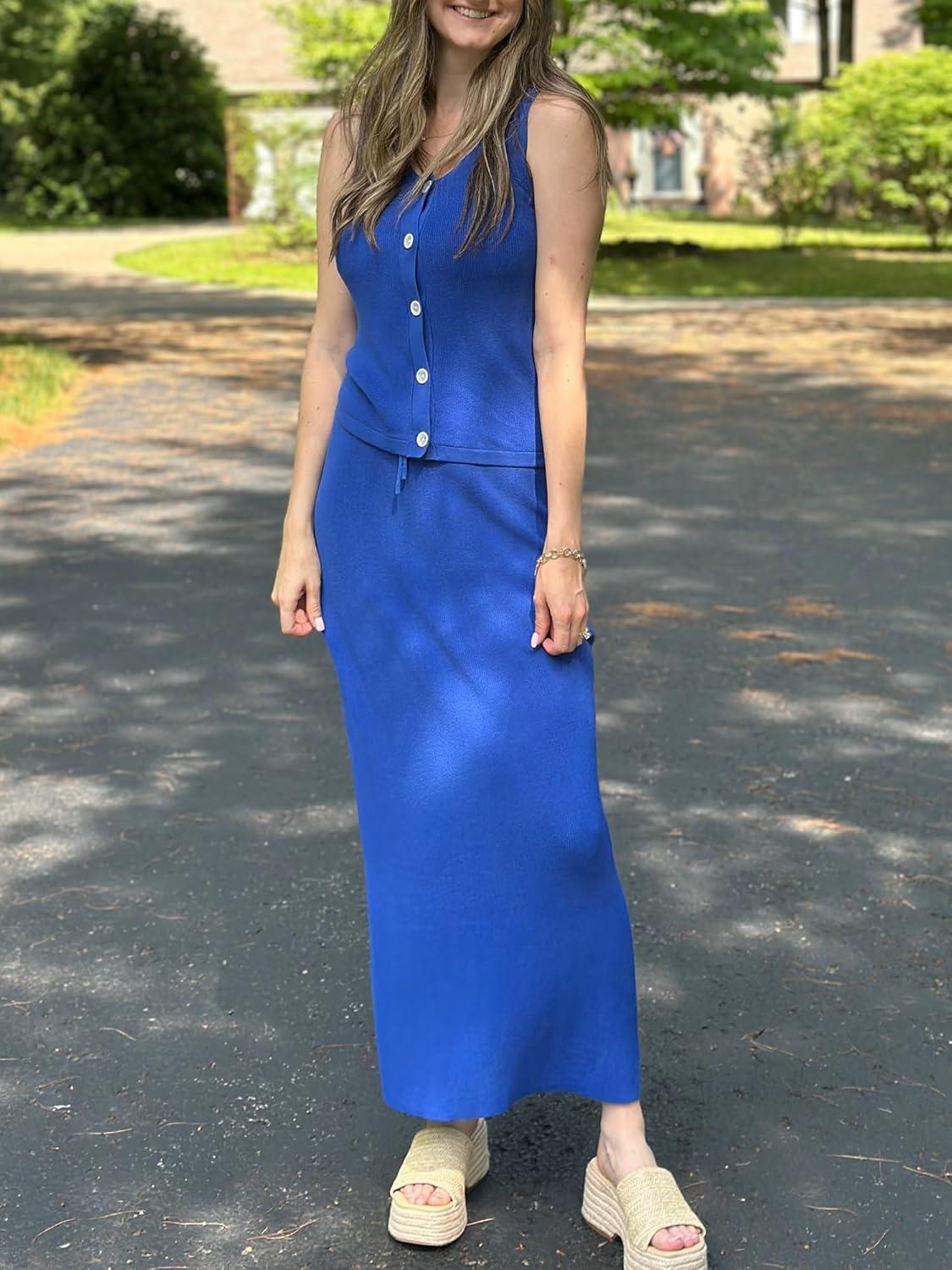 imageArachampCloz Womens Lightweight 2 Piece Sets Summer Vacation Button Top and Maxi Skirt 2026 OutfitsRoyal Blue