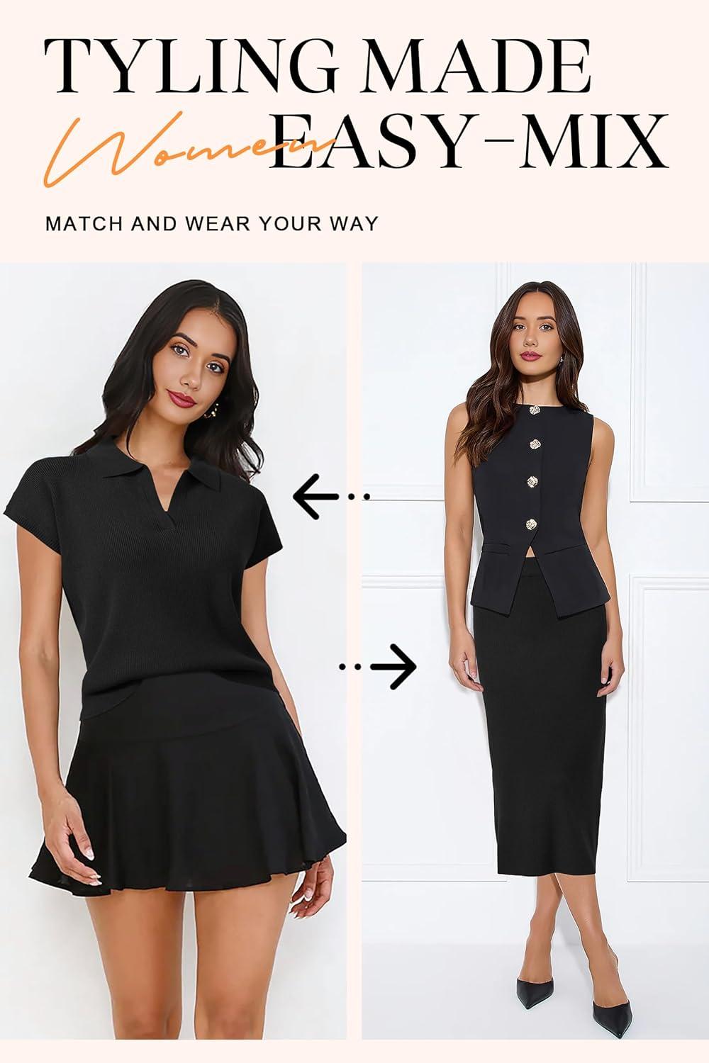 imageArachampCloz Womens Soft 2 Piece Sets Summer Polo Shirt and Midi Skirt Sweaters 2026 OutfitsBlack