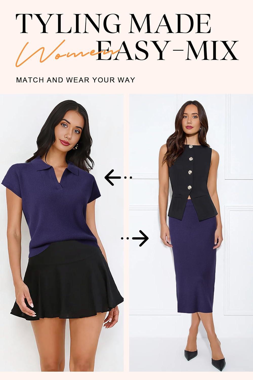 imageArachampCloz Womens Soft 2 Piece Sets Summer Polo Shirt and Midi Skirt Sweaters 2026 OutfitsDark Blue