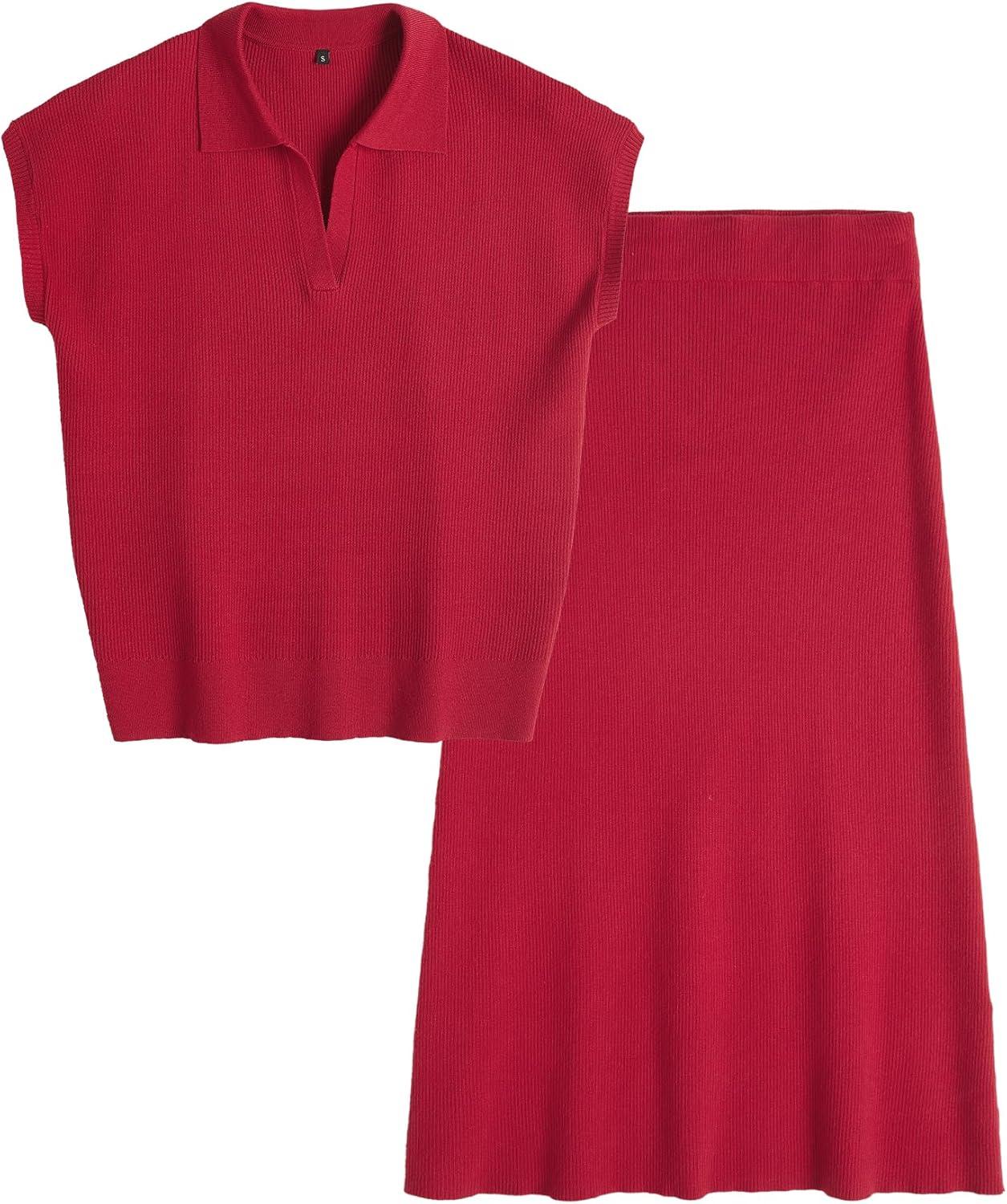 imageArachampCloz Womens Soft 2 Piece Sets Summer Polo Shirt and Midi Skirt Sweaters 2026 OutfitsRed