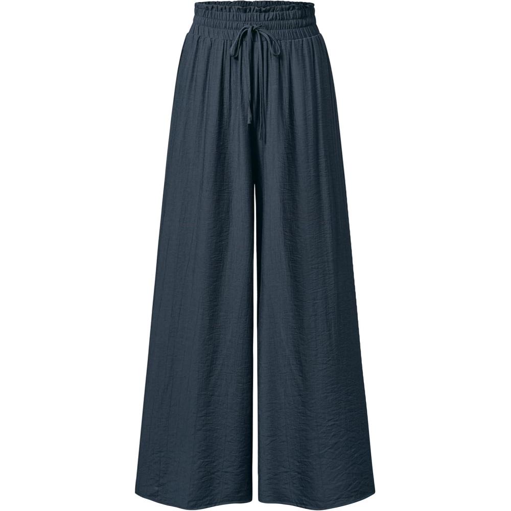 imageArachampCloz Summer Womens Linen Blend High Waisted Flowy Wide Leg Palazzo Casual PantsDark Blue