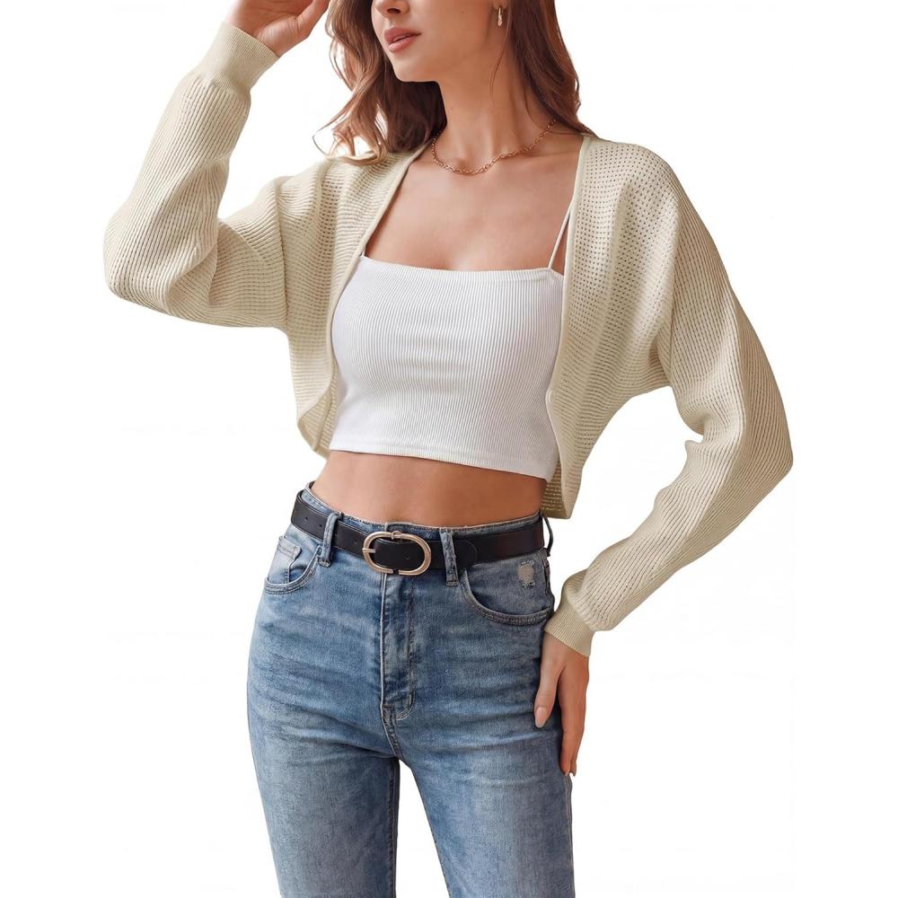 imageArachampCloz Womens 100 Cotton Bolero Shrug V Neck Cropped Cardigan Waffle Knit SweatersApricot