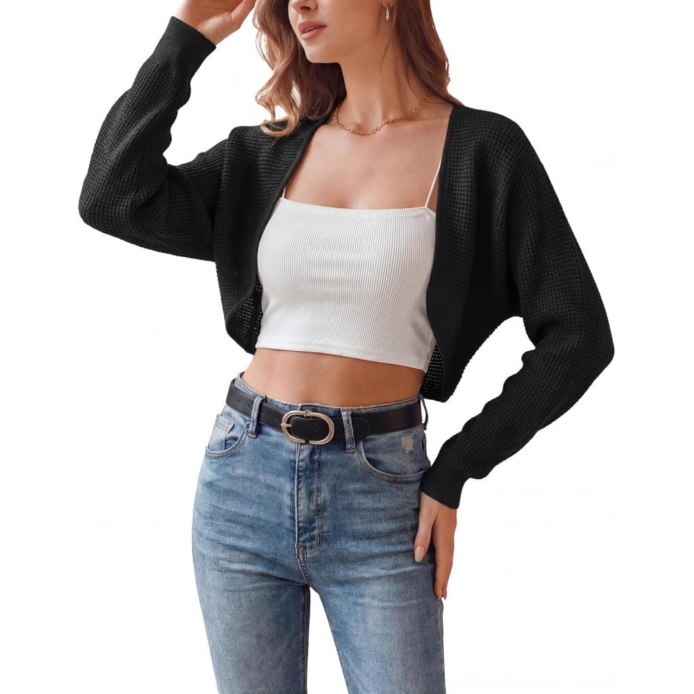 imageArachampCloz Womens 100 Cotton Bolero Shrug V Neck Cropped Cardigan Waffle Knit SweatersBlack