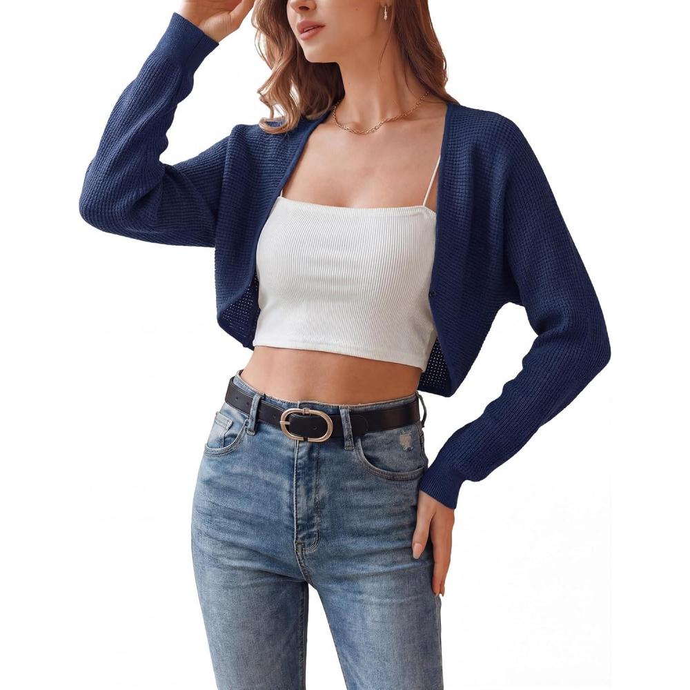 imageArachampCloz Womens 100 Cotton Bolero Shrug V Neck Cropped Cardigan Waffle Knit SweatersNavy