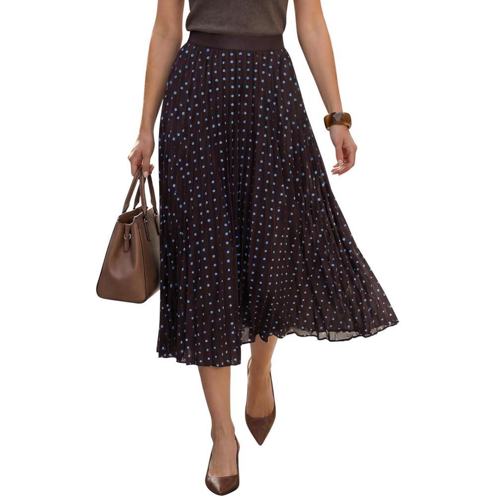 imageArachampCloz Womens Chiffon Wide Elastic Band ALine Pleated Floral Pleated SkirtsBlue Polka Dot