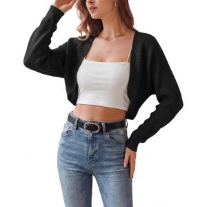 Arach&Cloz Women’s 100% Cotton Bolero Shrug V Neck Cropped Cardigan Waffle Knit Sweaters(Black)