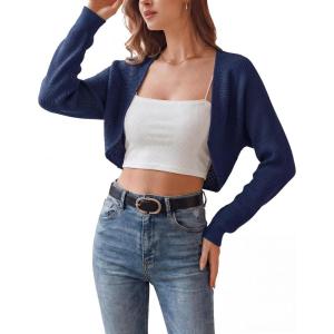 Arach&Cloz Women’s 100% Cotton Bolero Shrug V Neck Cropped Cardigan Waffle Knit Sweaters(Navy)