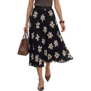 Arach&Cloz Women’s Chiffon Wide Elastic Band A-Line Pleated Floral Pleated Skirts(Apricot Floral)