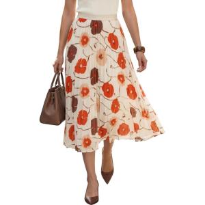 Arach&Cloz Women’s Chiffon Wide Elastic Band A-Line Pleated Floral Pleated Skirts(Orange Floral)