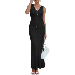 Arach&Cloz Women’s Lightweight 2 Piece Sets Summer Vacation Button Top and Maxi Skirt 2026 Outfits(Black)