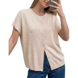 Arach&Cloz Women’s Wool Blend Oversized Lightweight Cardigan Short Sleeve Summer Casual Sweaters Tops(Apricot)