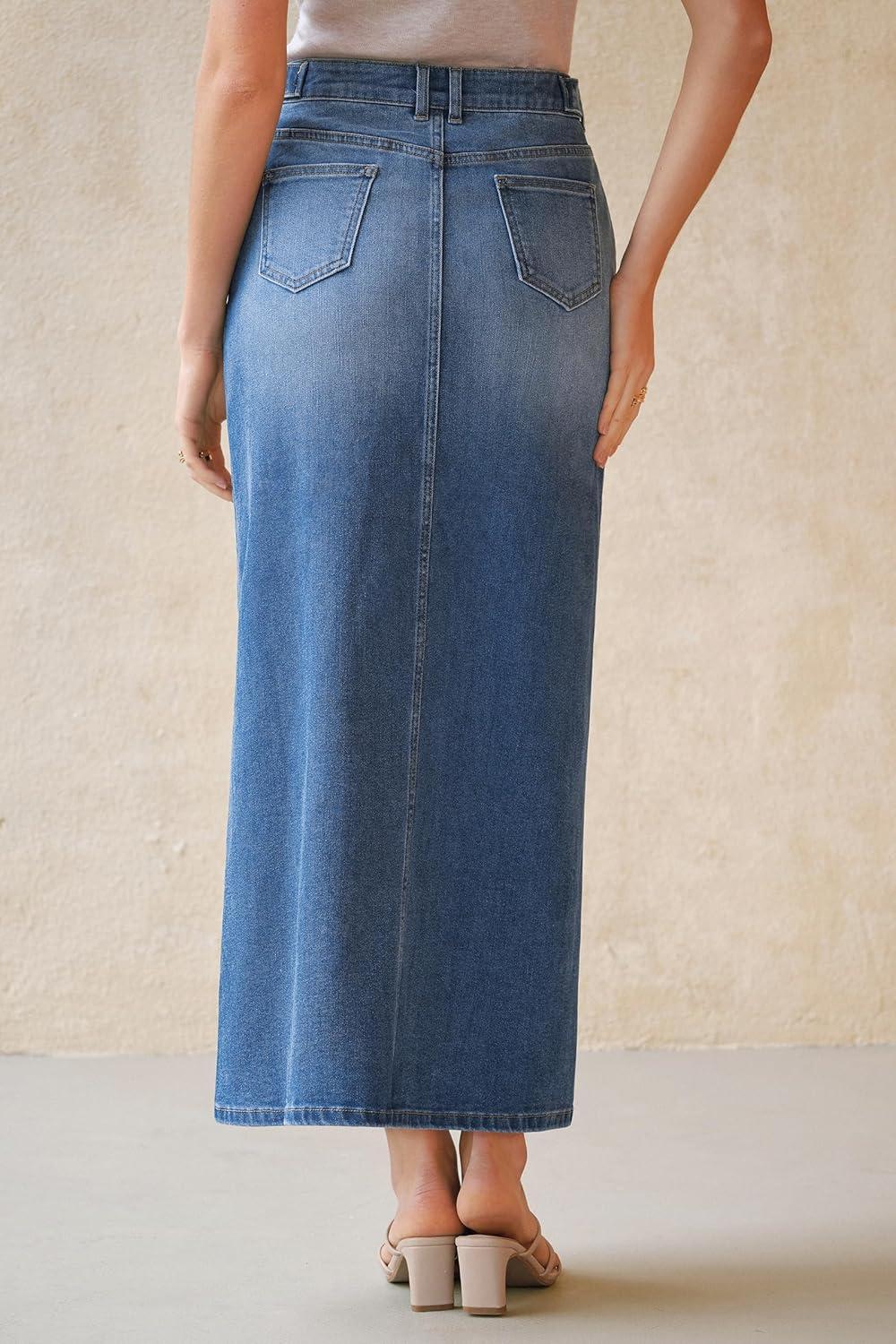 imageArachampCloz Womens Cotton Blend Stretch Adjustable Waist Denim Skirts with Pockets 2026Blue