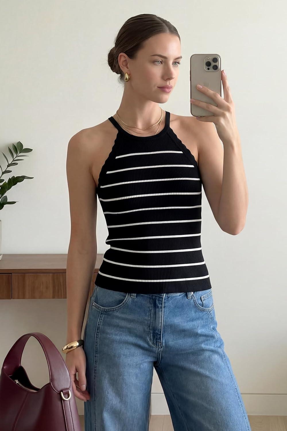 imageArachampCloz Womens Lyocell Blend Slim Fit Striped Casual Halter Tank Tops Summer 2026Striped Black White