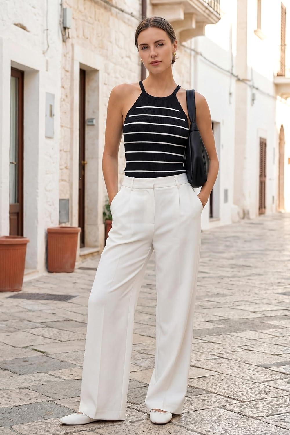 imageArachampCloz Womens Lyocell Blend Slim Fit Striped Casual Halter Tank Tops Summer 2026Striped Black White