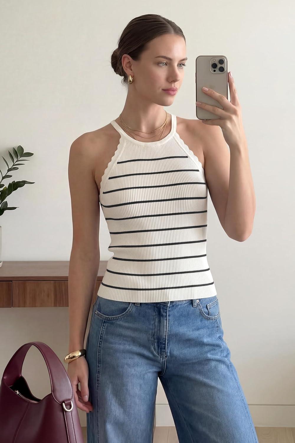 imageArachampCloz Womens Lyocell Blend Slim Fit Striped Casual Halter Tank Tops Summer 2026Striped White Black