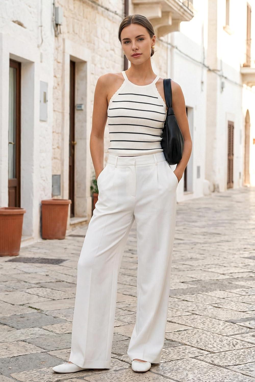 imageArachampCloz Womens Lyocell Blend Slim Fit Striped Casual Halter Tank Tops Summer 2026Striped White Black