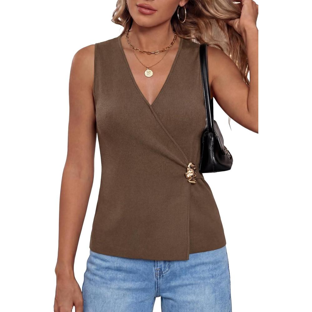 imageArachampCloz Womens Lightweight Lyocell Blend Wrap V Neck Sweater Vest Dressy Casual Going Out TopsCoffee