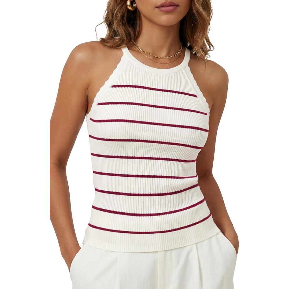 imageArachampCloz Womens Lyocell Blend Slim Fit Striped Casual Halter Tank Tops Summer 2026Striped White Burgundy