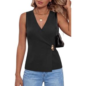 Arach&Cloz Women’s Lightweight Lyocell Blend Wrap V Neck Sweater Vest Dressy Casual Going Out Tops(Black)