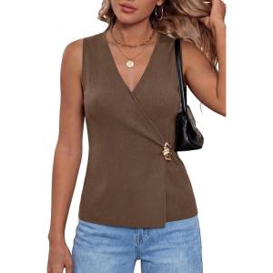 Arach&Cloz Women’s Lightweight Lyocell Blend Wrap V Neck Sweater Vest Dressy Casual Going Out Tops(Coffee)
