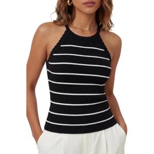 Arach&Cloz Women’s Lyocell Blend Slim Fit Striped Casual Halter Tank Tops Summer 2026(Striped Black White)