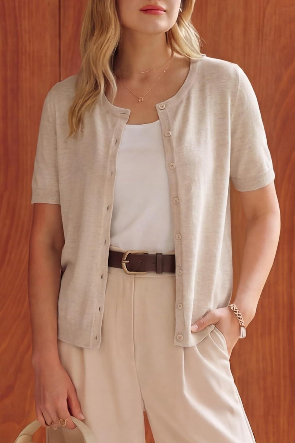 imageArachampCloz Womens Wool Blend Cropped Lightweight Short Sleeve Business Casual Cardigan TopsAapricot