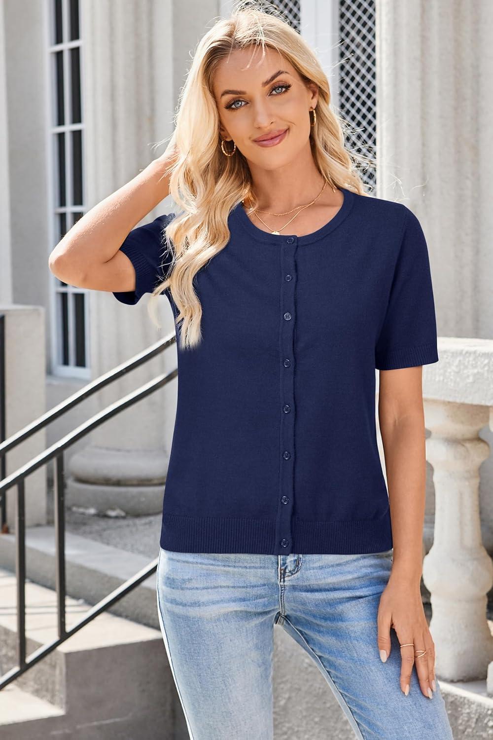 imageArachampCloz Womens Wool Blend Cropped Lightweight Short Sleeve Business Casual Cardigan TopsLight Navy