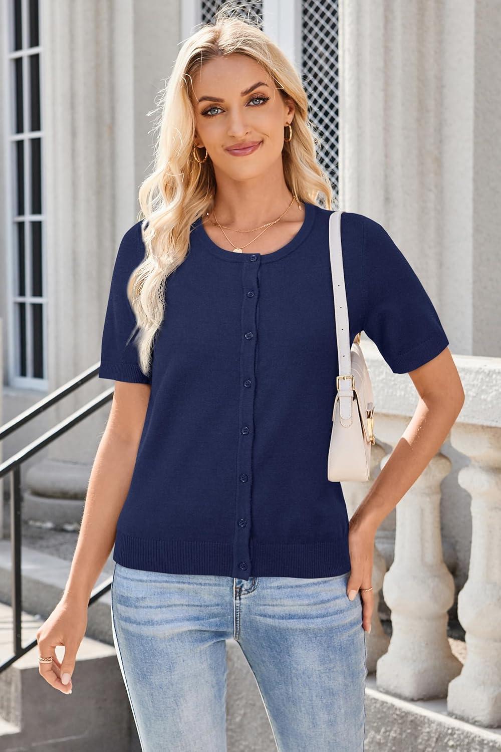 imageArachampCloz Womens Wool Blend Cropped Lightweight Short Sleeve Business Casual Cardigan TopsLight Navy