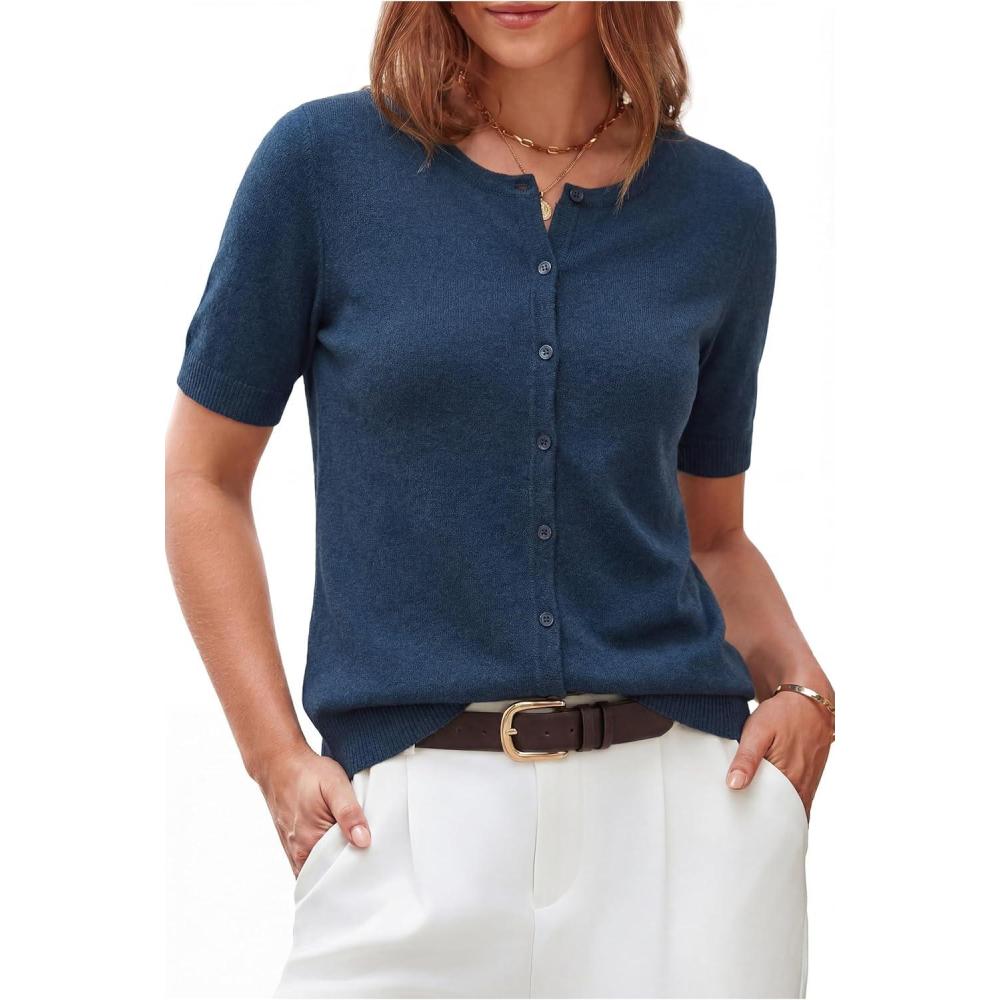 imageArachampCloz Womens Wool Blend Cropped Lightweight Short Sleeve Business Casual Cardigan TopsAdark Blue