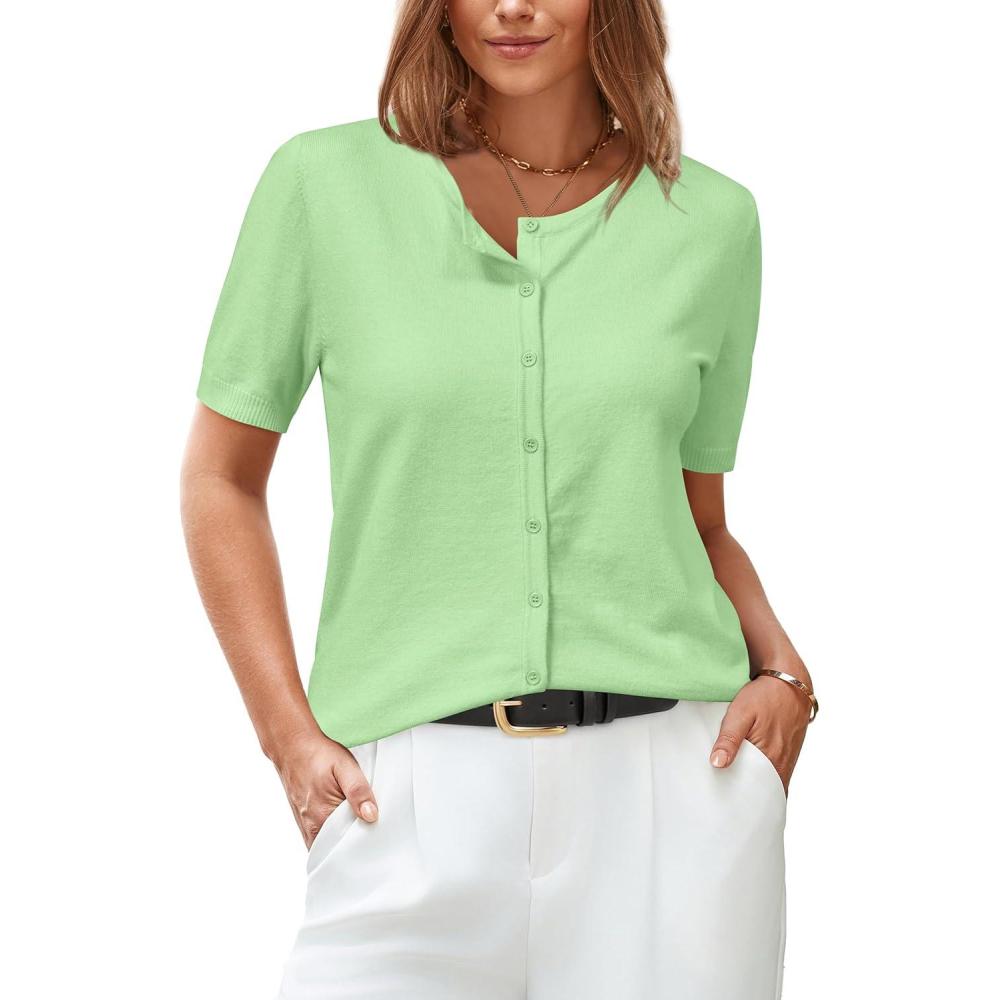 imageArachampCloz Womens Wool Blend Cropped Lightweight Short Sleeve Business Casual Cardigan TopsLight Green