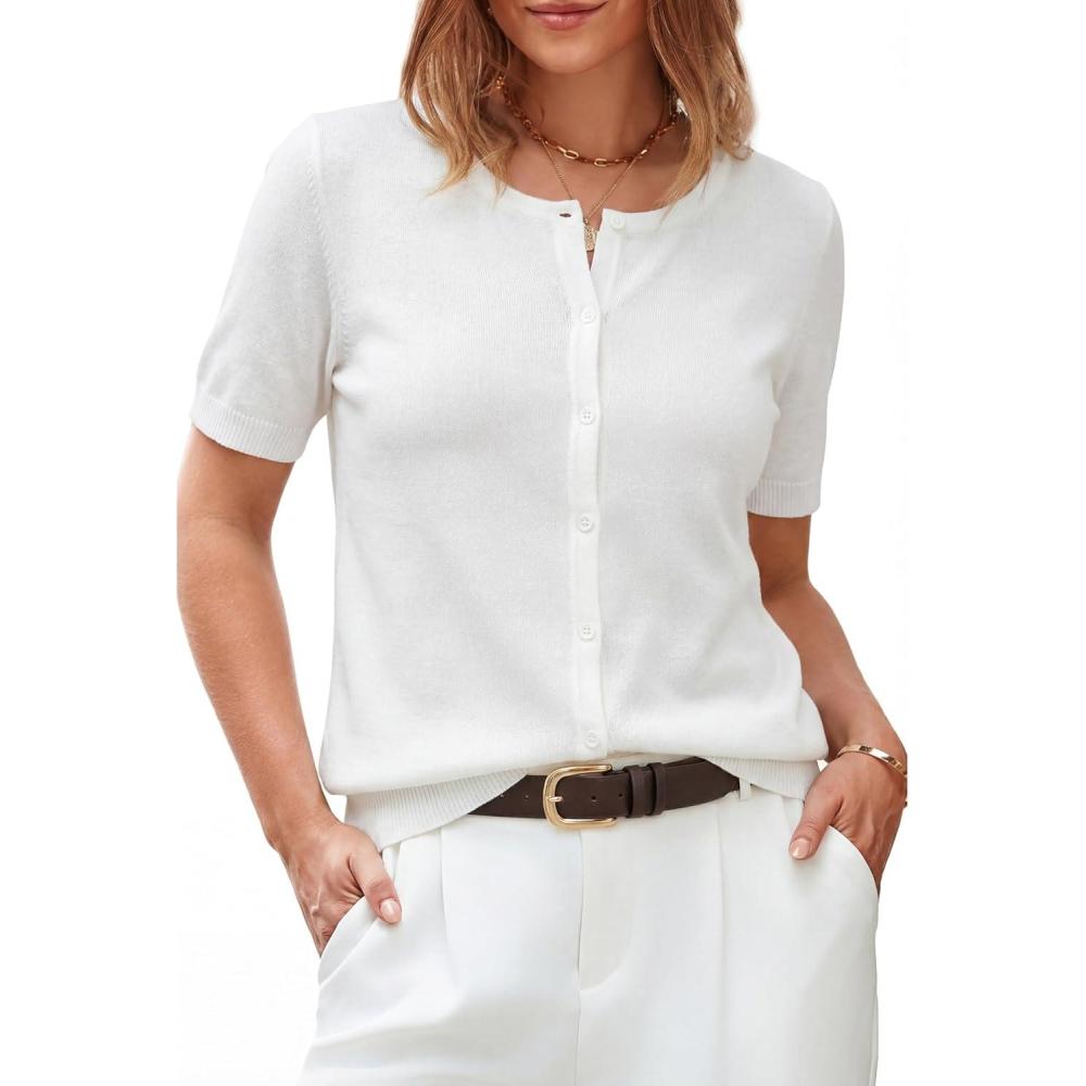 imageArachampCloz Womens Wool Blend Cropped Lightweight Short Sleeve Business Casual Cardigan TopsOffwhite