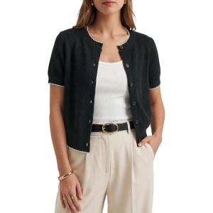 Arach&Cloz Women’s 100% Cotton Cropped Short Sleeve Cardigan Sweaters Lightweight Tops Summer 2026(Black)