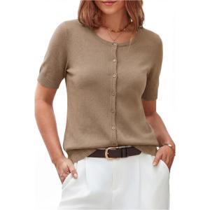 Arach&Cloz Women’s Wool Blend Cropped Lightweight Short Sleeve Business Casual Cardigan Tops(A-camel)