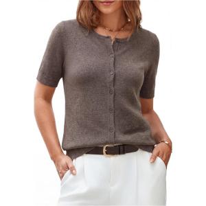 Arach&Cloz Women’s Wool Blend Cropped Lightweight Short Sleeve Business Casual Cardigan Tops(A-coffee)
