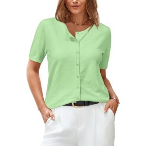 Arach&Cloz Women’s Wool Blend Cropped Lightweight Short Sleeve Business Casual Cardigan Tops(Light Green)