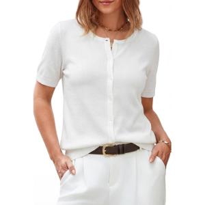 Arach&Cloz Women’s Wool Blend Cropped Lightweight Short Sleeve Business Casual Cardigan Tops(Off-white)