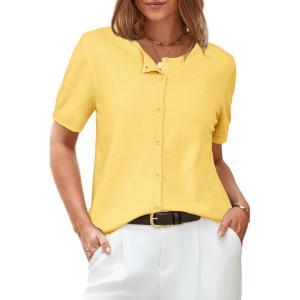 Arach&Cloz Women’s Wool Blend Cropped Lightweight Short Sleeve Business Casual Cardigan Tops(Yellow)