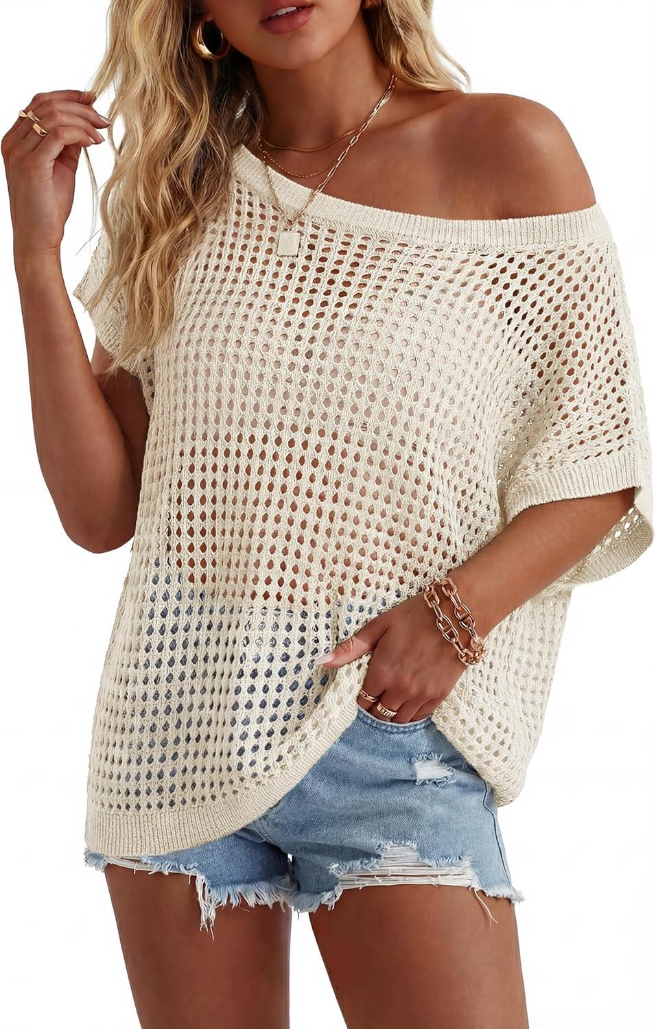 imageArachampCloz Womens Cotton Oversized Short Sleeve Sweater Crochet Tops Off Shoulder Resort Wear Hallow Out Beach Summer 2026Beige