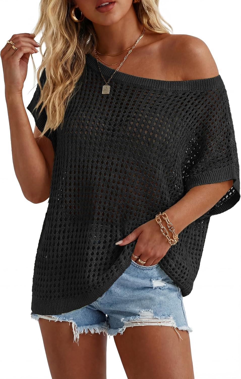 imageArachampCloz Womens Cotton Oversized Short Sleeve Sweater Crochet Tops Off Shoulder Resort Wear Hallow Out Beach Summer 2026Black