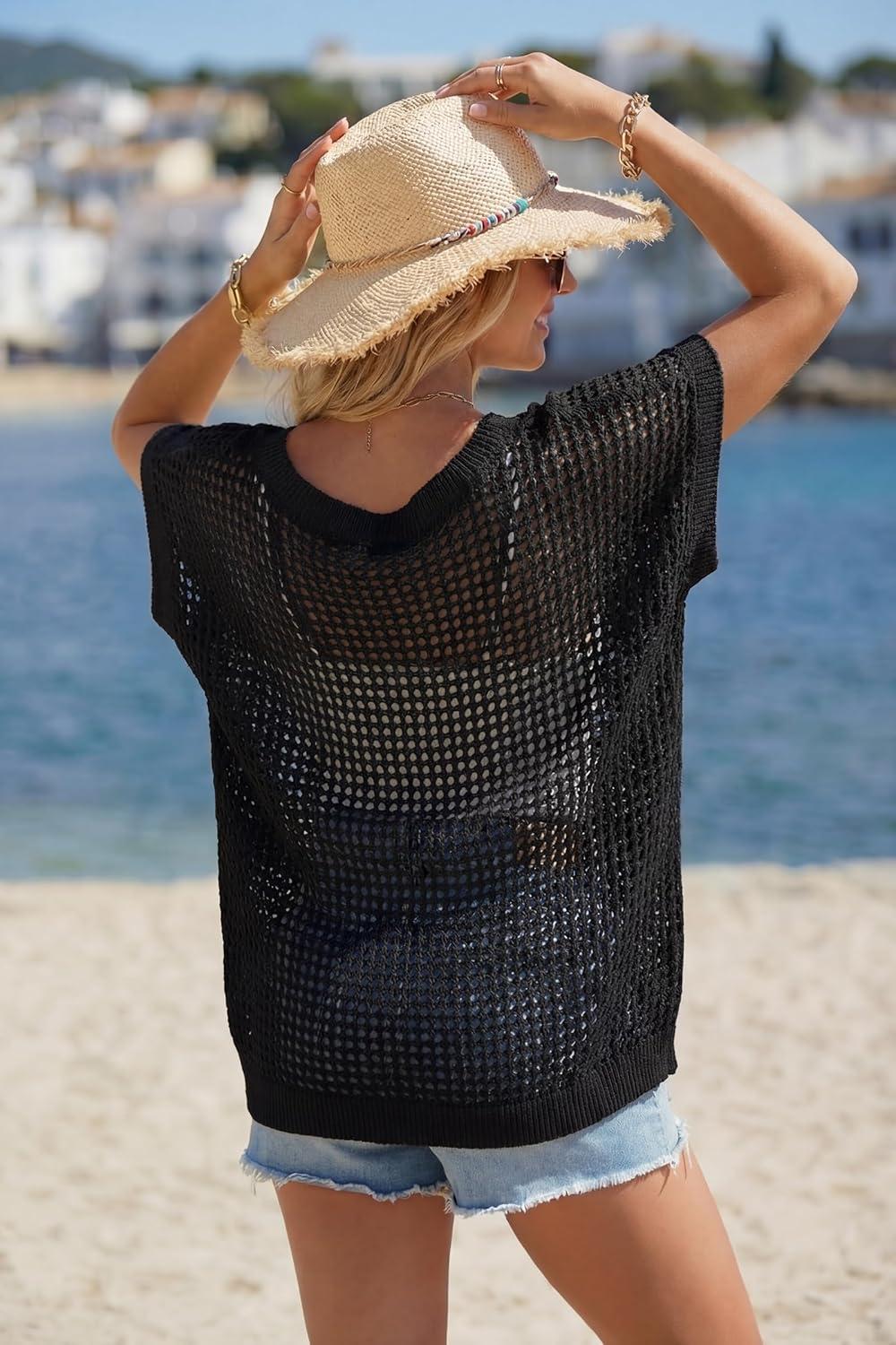 imageArachampCloz Womens Cotton Oversized Short Sleeve Sweater Crochet Tops Off Shoulder Resort Wear Hallow Out Beach Summer 2026Black