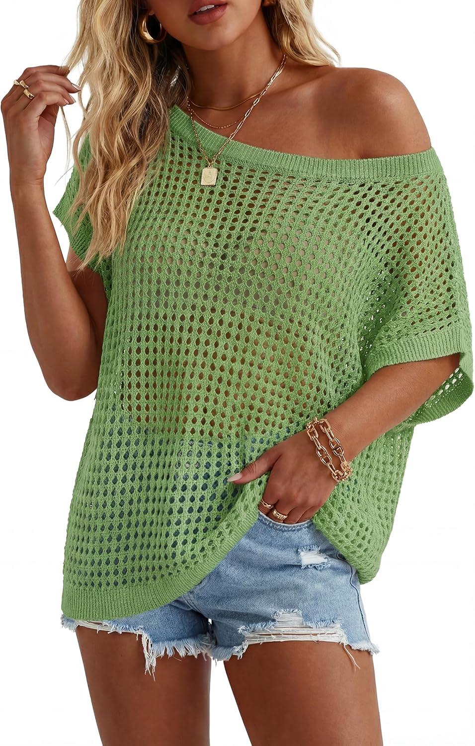 imageArachampCloz Womens Cotton Oversized Short Sleeve Sweater Crochet Tops Off Shoulder Resort Wear Hallow Out Beach Summer 2026Green