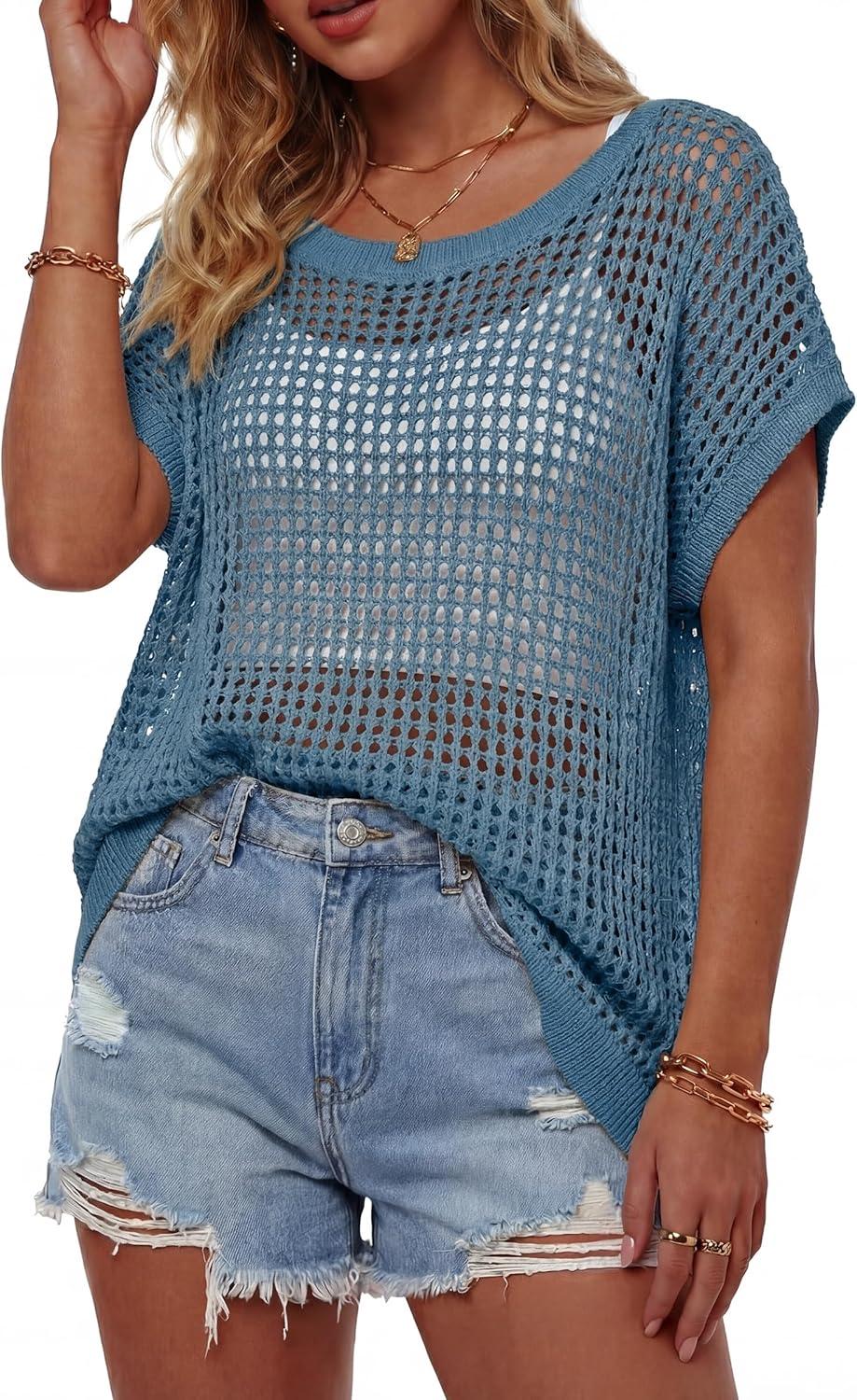 imageArachampCloz Womens Cotton Oversized Short Sleeve Sweater Crochet Tops Off Shoulder Resort Wear Hallow Out Beach Summer 2026Navy Blue