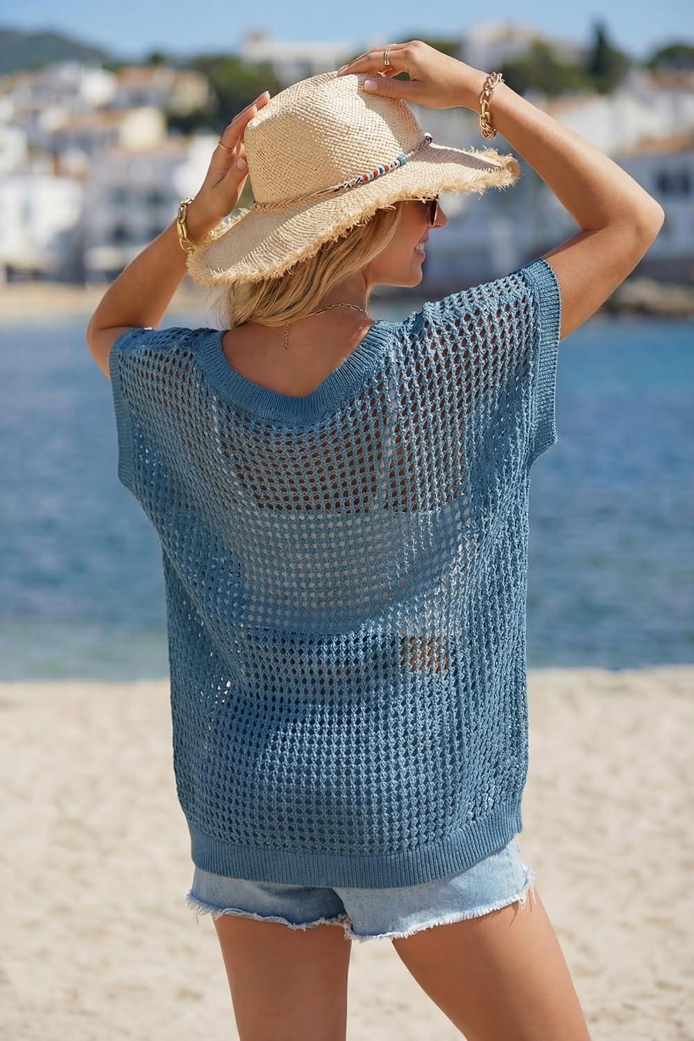 imageArachampCloz Womens Cotton Oversized Short Sleeve Sweater Crochet Tops Off Shoulder Resort Wear Hallow Out Beach Summer 2026Navy Blue