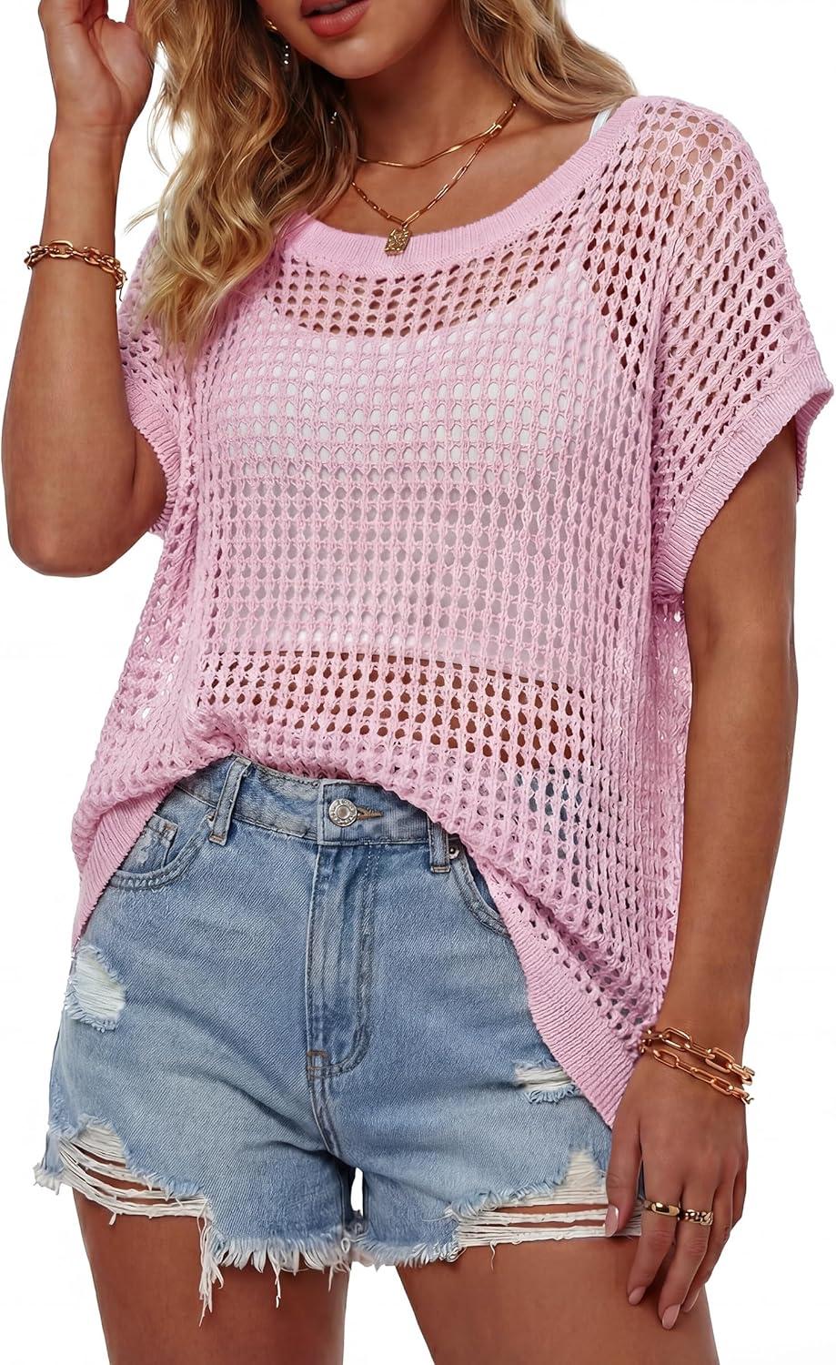 imageArachampCloz Womens Cotton Oversized Short Sleeve Sweater Crochet Tops Off Shoulder Resort Wear Hallow Out Beach Summer 2026Pink