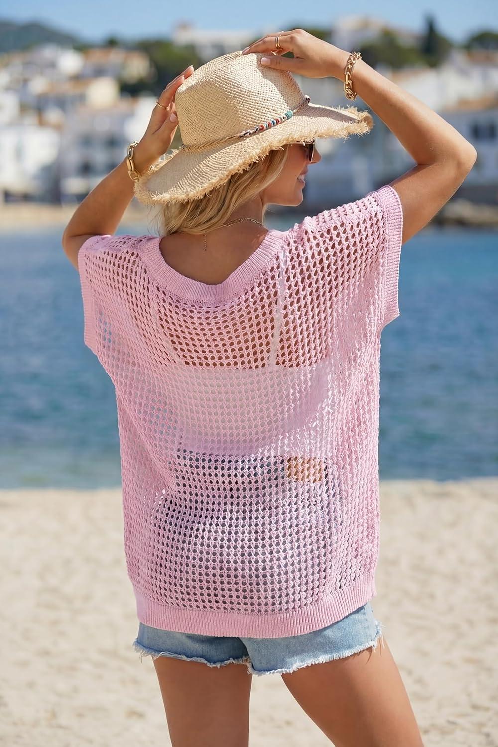 imageArachampCloz Womens Cotton Oversized Short Sleeve Sweater Crochet Tops Off Shoulder Resort Wear Hallow Out Beach Summer 2026Pink