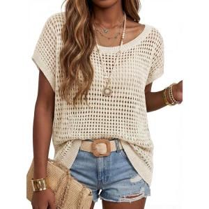 Arach&Cloz Women’s Cotton Oversized Short Sleeve Sweater Crochet Tops Off Shoulder Resort Wear Hallow Out Beach Summer 2026(Beige)