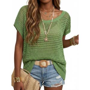 Arach&Cloz Women’s Cotton Oversized Short Sleeve Sweater Crochet Tops Off Shoulder Resort Wear Hallow Out Beach Summer 2026(Green)