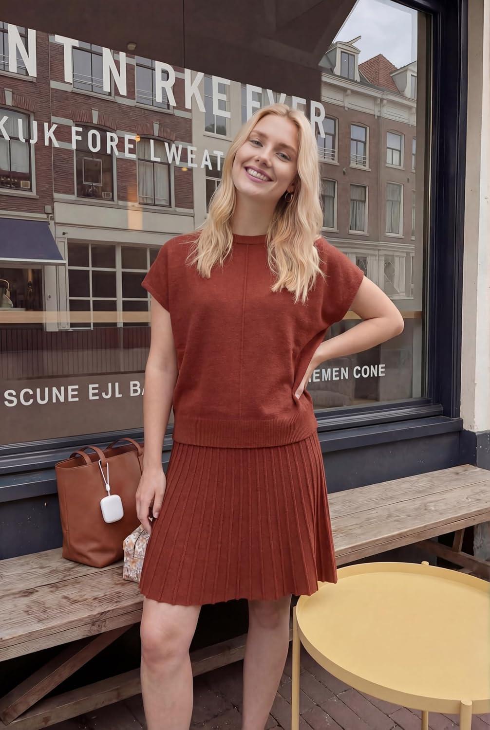 imageArachampCloz Womens Wool Blend Knit 2 Piece Sets Summer Casual Cap Sleeve Tops Pleated Mini Skirt Outfits 2026Burgundy