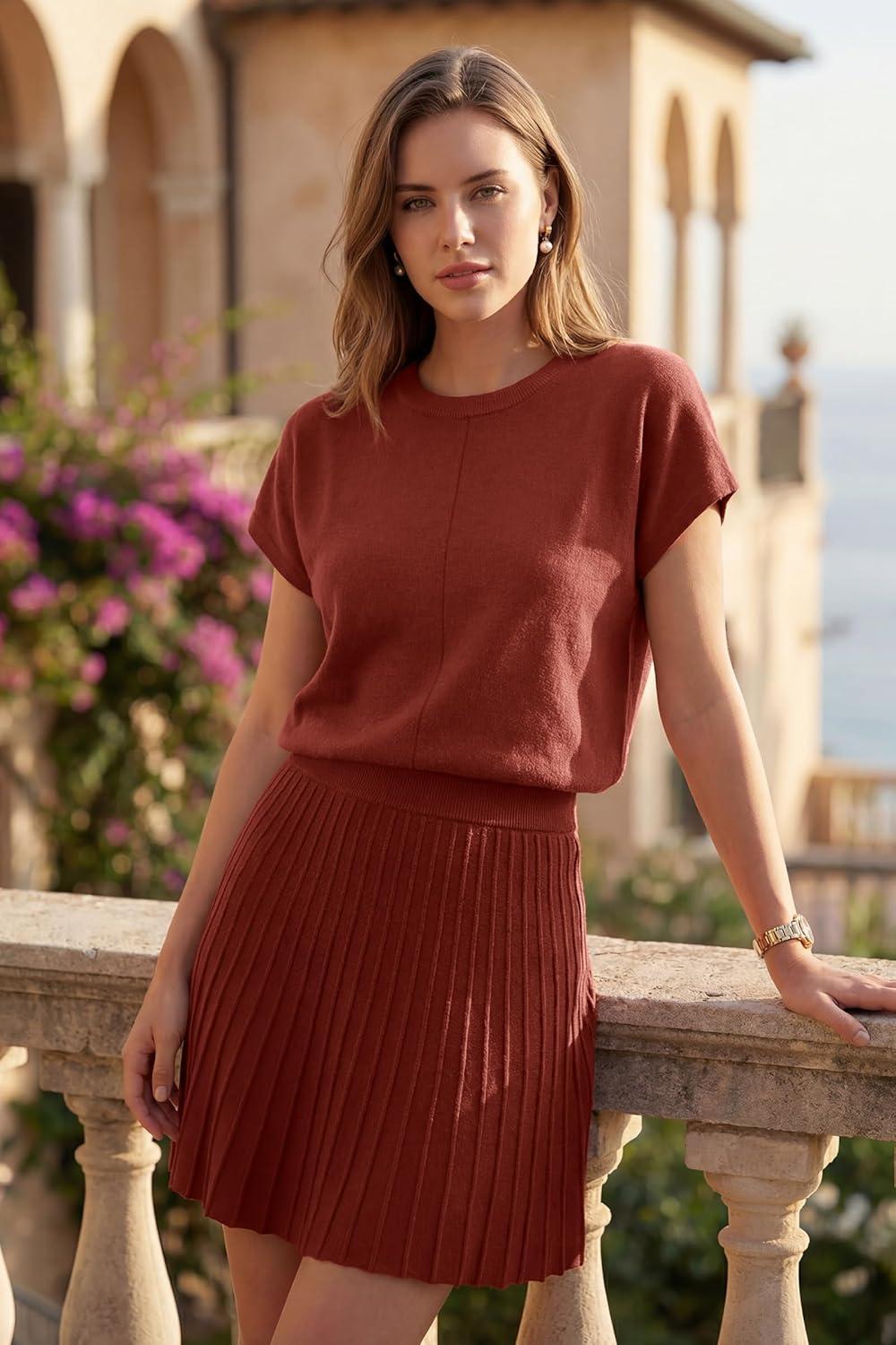 imageArachampCloz Womens Wool Blend Knit 2 Piece Sets Summer Casual Cap Sleeve Tops Pleated Mini Skirt Outfits 2026Burgundy