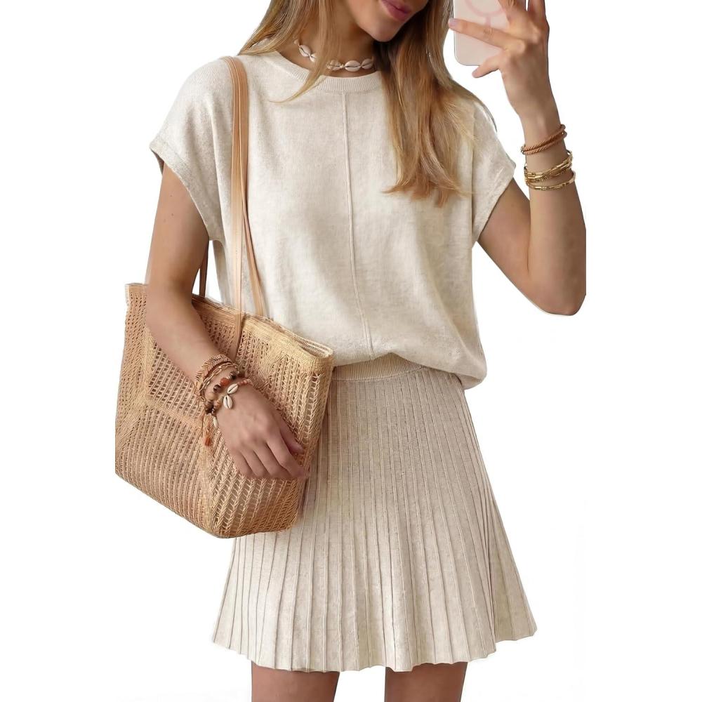 imageArachampCloz Womens Wool Blend Knit 2 Piece Sets Summer Casual Cap Sleeve Tops Pleated Mini Skirt Outfits 2026Beige
